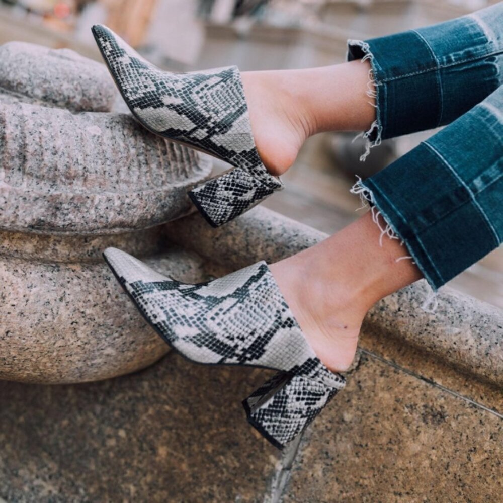 Marc Fisher Ragni Mules Gray Snake Print Leather